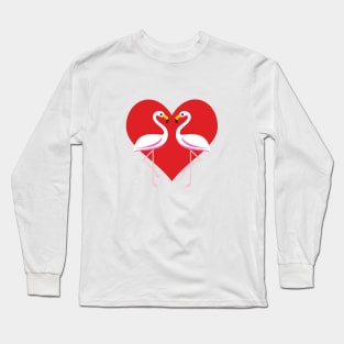 Cute White Pink Flamingos with Red Heart Long Sleeve T-Shirt